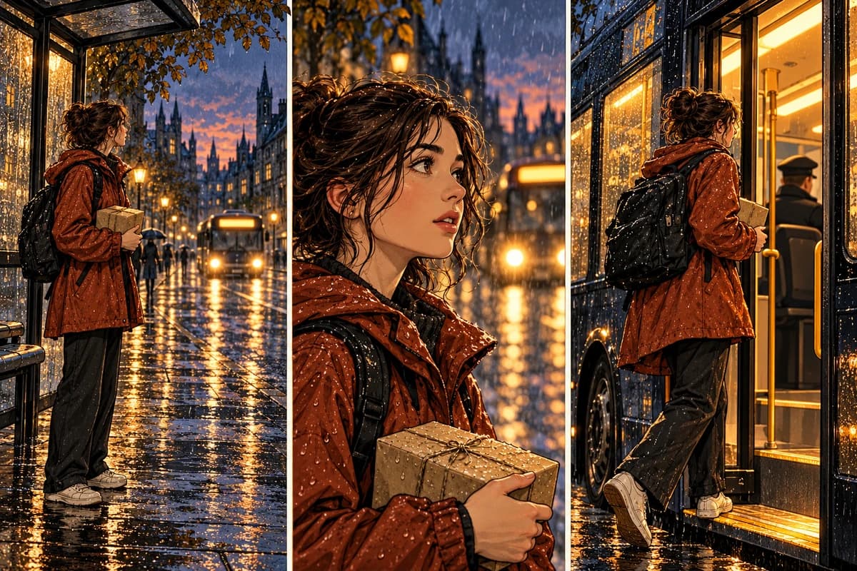 Three large comic beats show a courier waiting at a rainy bus stop, spotting approaching headlights and reaching a warmly lit bus door.