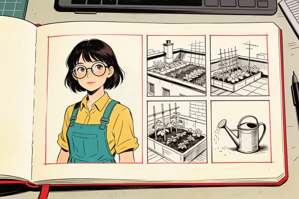 A comic creator's open sketchbook holds Mina's character reference, rooftop garden studies and a watering-can prop drawing.