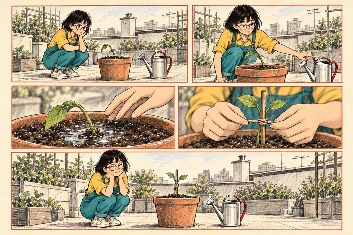 Five pencil storyboard panels follow Mina from noticing a leaning seedling to reaching for the can, seeing wet soil, adding a support and observing the result.