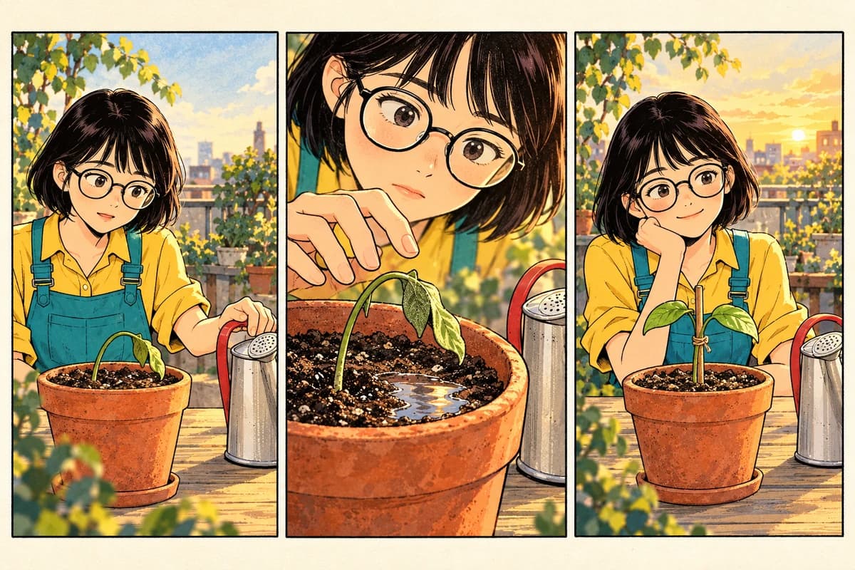 Three vertical comic panels show a clear goal, wet-soil clue and resolution as Mina changes her plan and supports a leaning seedling.