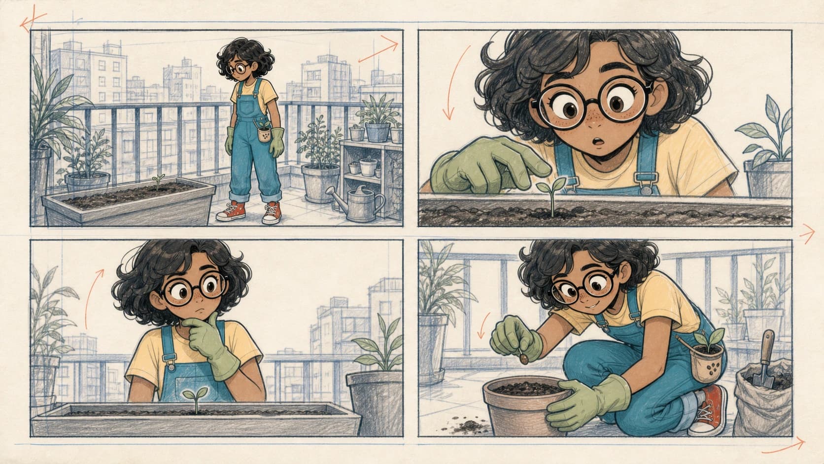 Four storyboard shots of a girl discovering a sprout on a balcony