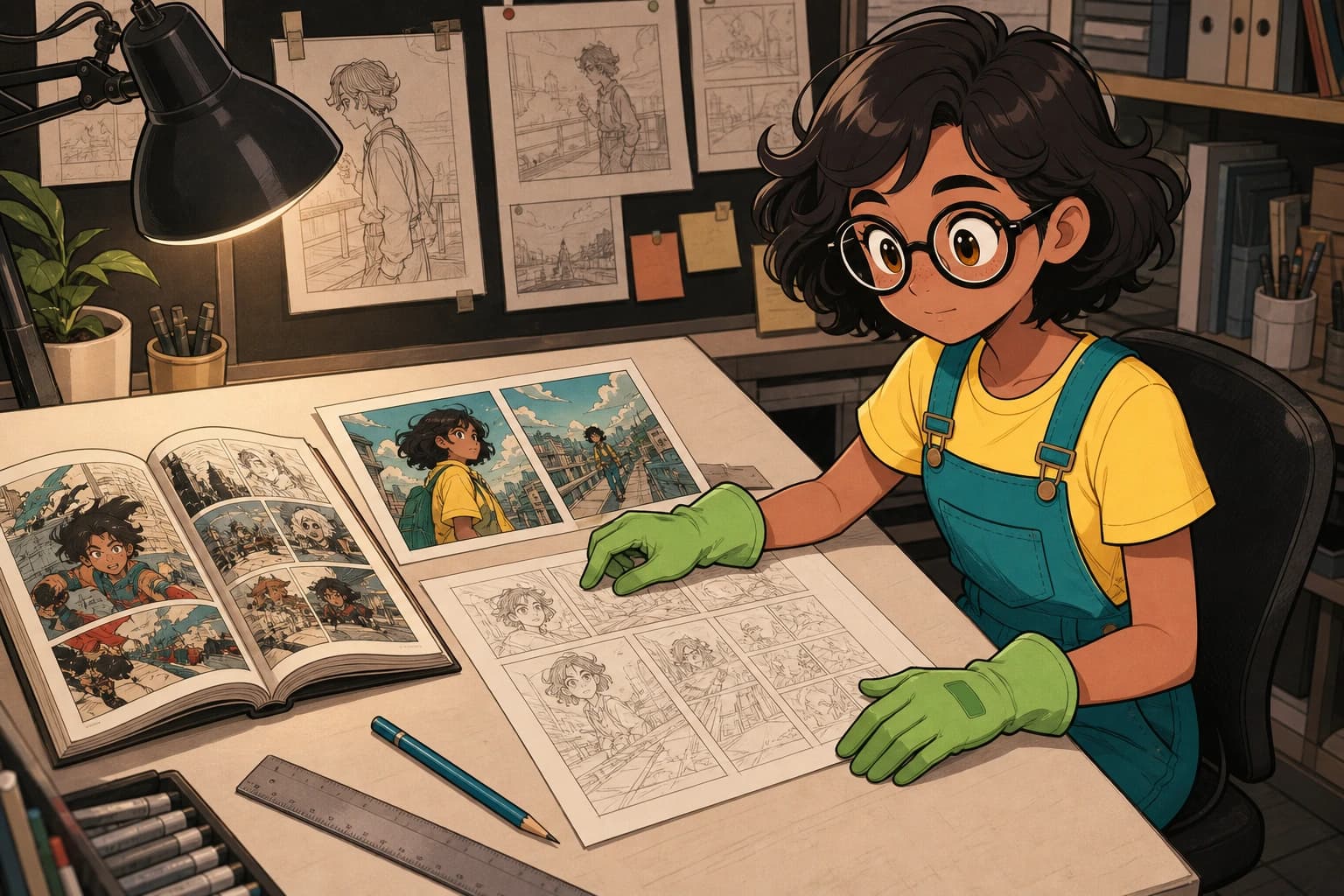 An independent comic author planning a monthly issue at their desk