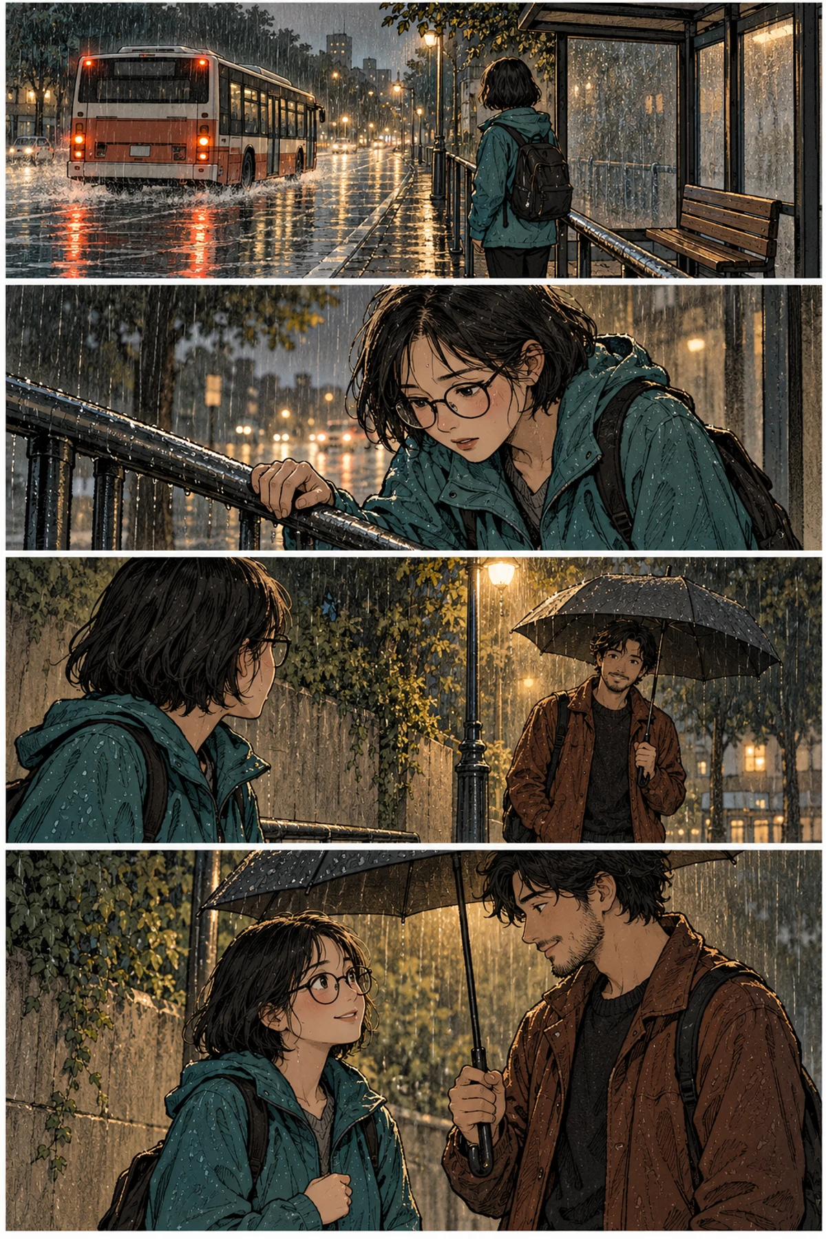 A vertical storyboard of four screens, each holding one action: noticing a departing bus, gripping a rail, a stranger turning, and a quiet exchange.