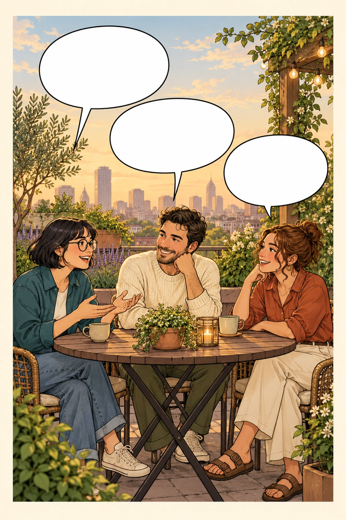 A tall comic screen with three speech balloons above the characters and generous lettering margins on every edge.