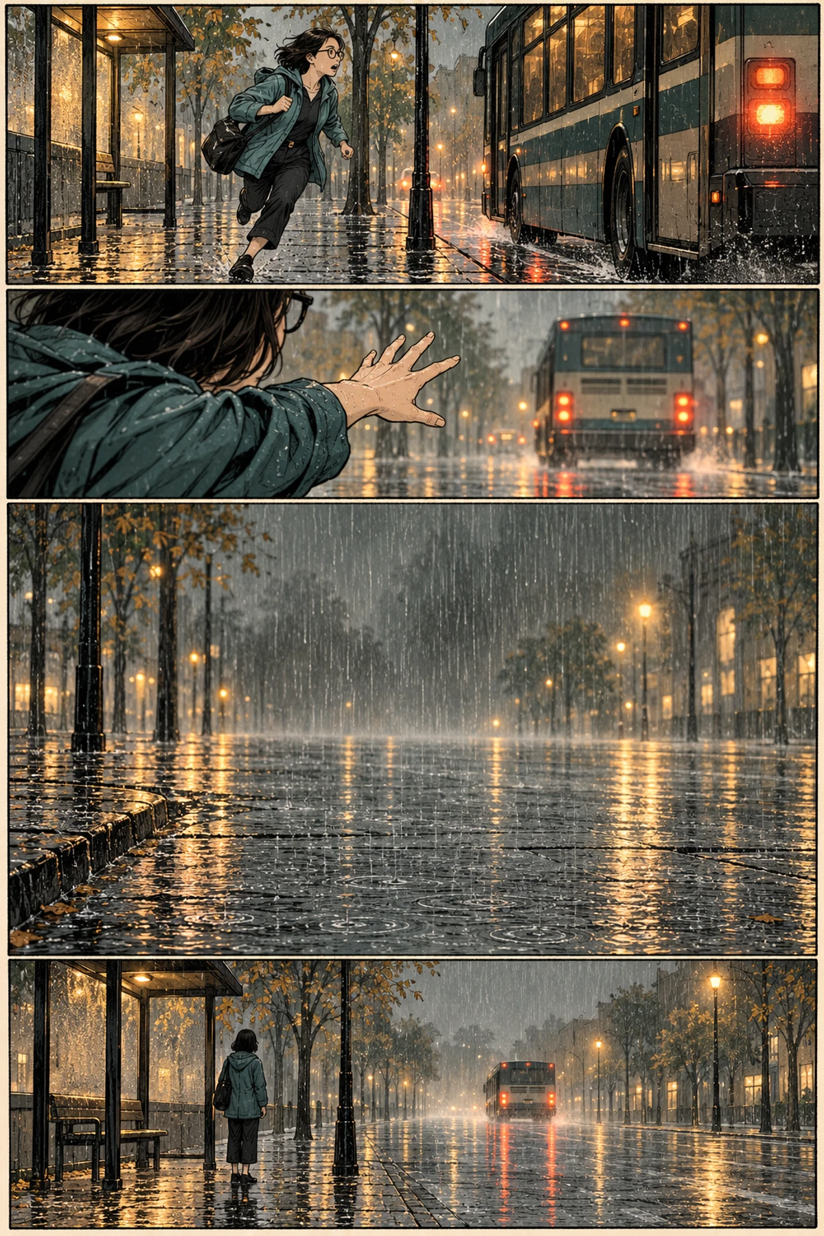 One continuous vertical strip that contrasts a tight pair of quick actions with a wide empty pause before a single reveal panel.