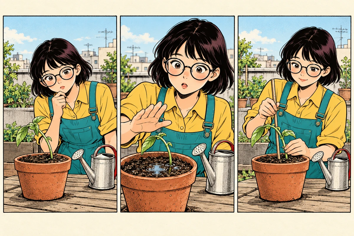 Three comic panels of the same girl with round glasses and teal overalls beside the same pot and watering can, checking character and prop consistency.