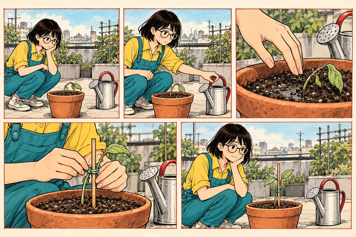 Five-panel comic storyboard in reading order, from a wide rooftop view to a close-up of wet soil and a support, each panel showing one action.