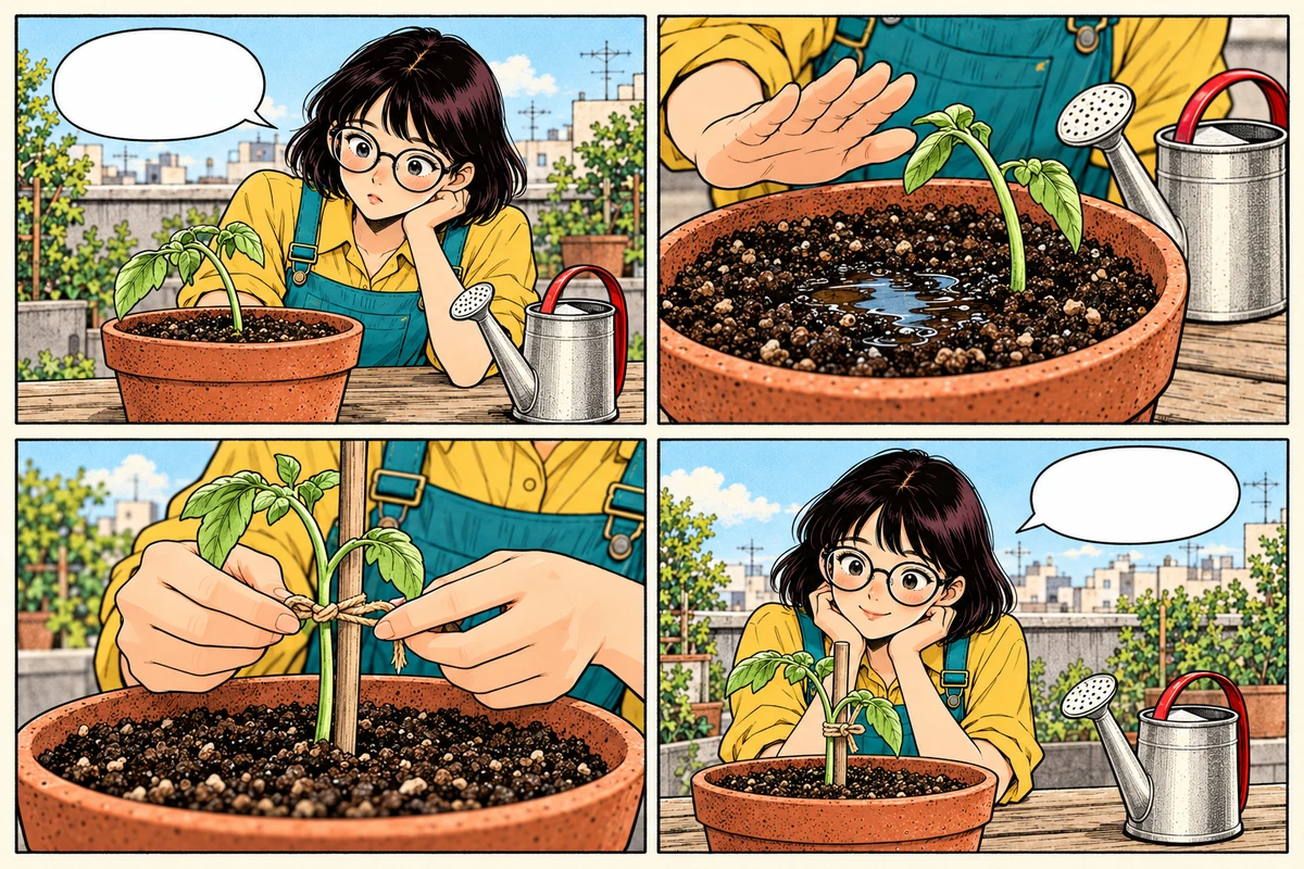 A finished four-panel comic: Mina considers more water, notices wet soil and supports the seedling, with dialogue in both speech balloons.