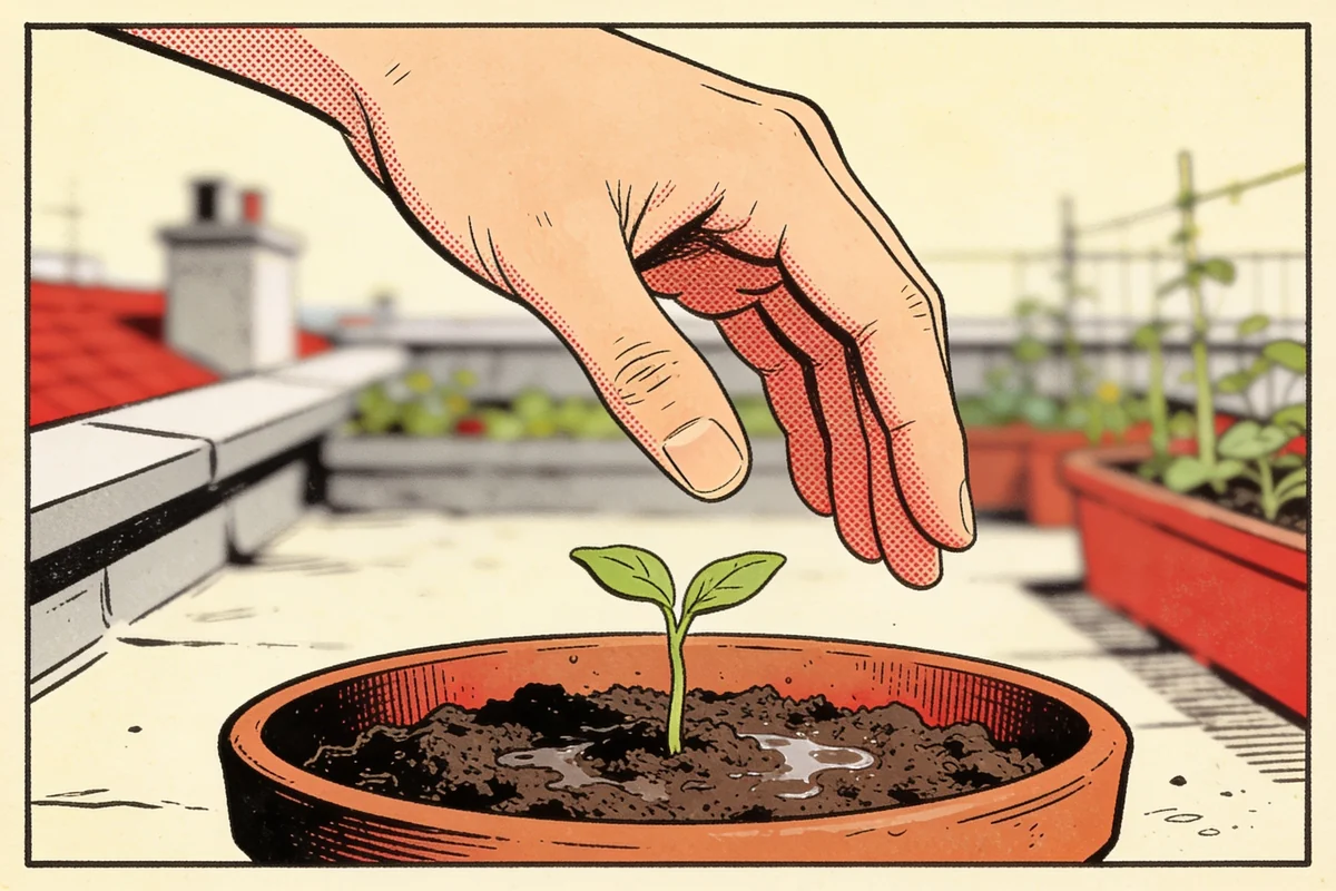 A single test comic panel in close-up: a hand hovers above visibly wet soil around a small seedling in a terracotta pot.