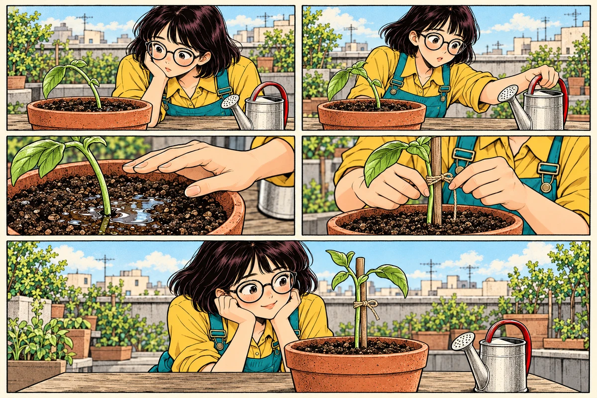 A five-panel storyboard follows the wet-soil clue through to a larger final panel showing the supported seedling.