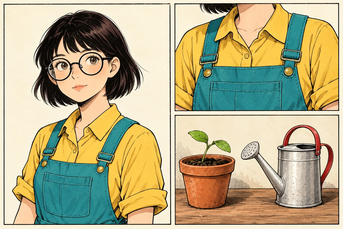 Three close views tracking continuity details: round glasses, overall buttons, the pot shape, and the watering can's position.
