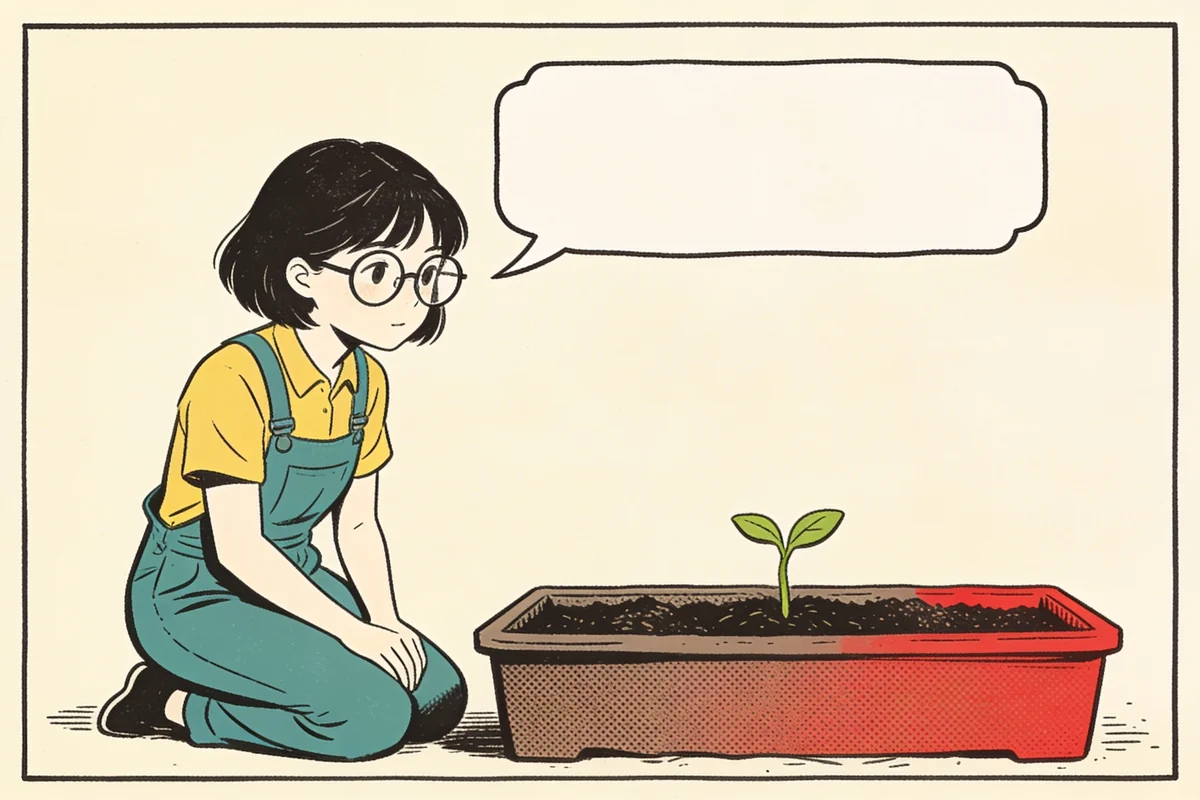 A comic panel with a quiet area above the character reserved for a speech balloon, leaving the seedling and the action unobstructed.