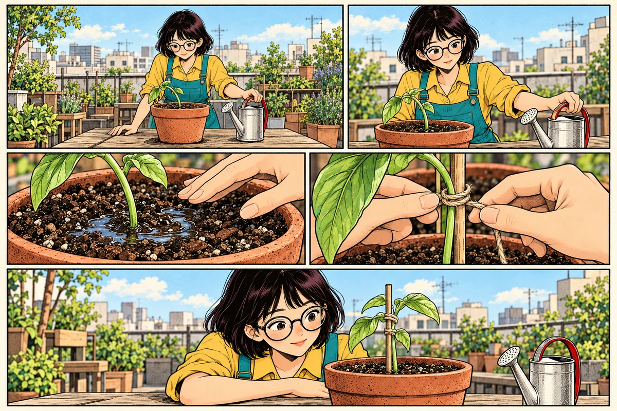A five-panel storyboard with deliberate shot changes: wide establishing view, medium shot, two close-ups, and a medium closing shot.