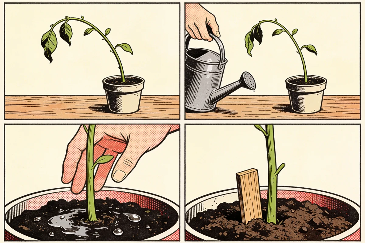 Four comic panels showing a leaning seedling, a hand reaching for the watering can, a pause at wet soil, and the same stem held upright by a support.