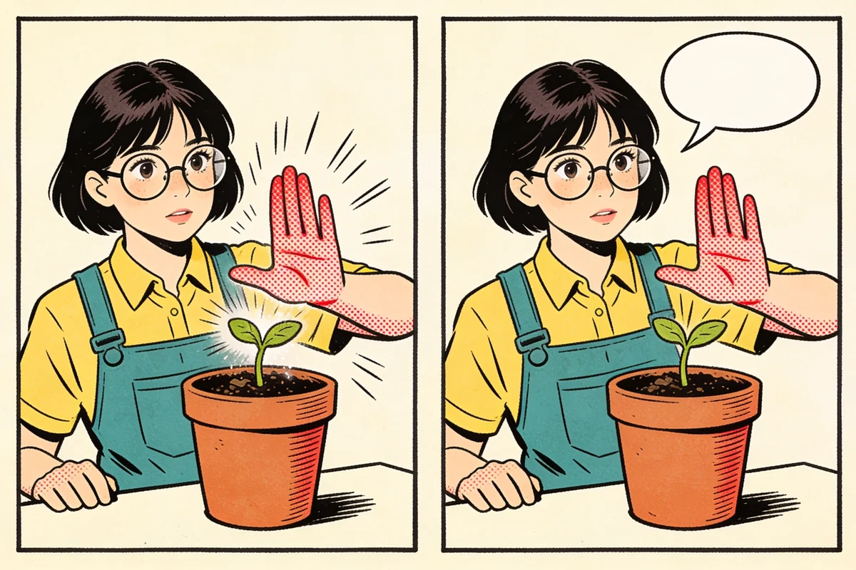 Two comic panels side by side: on the left the drawn action of a hand stopping above the pot, on the right an empty speech balloon above the same moment.