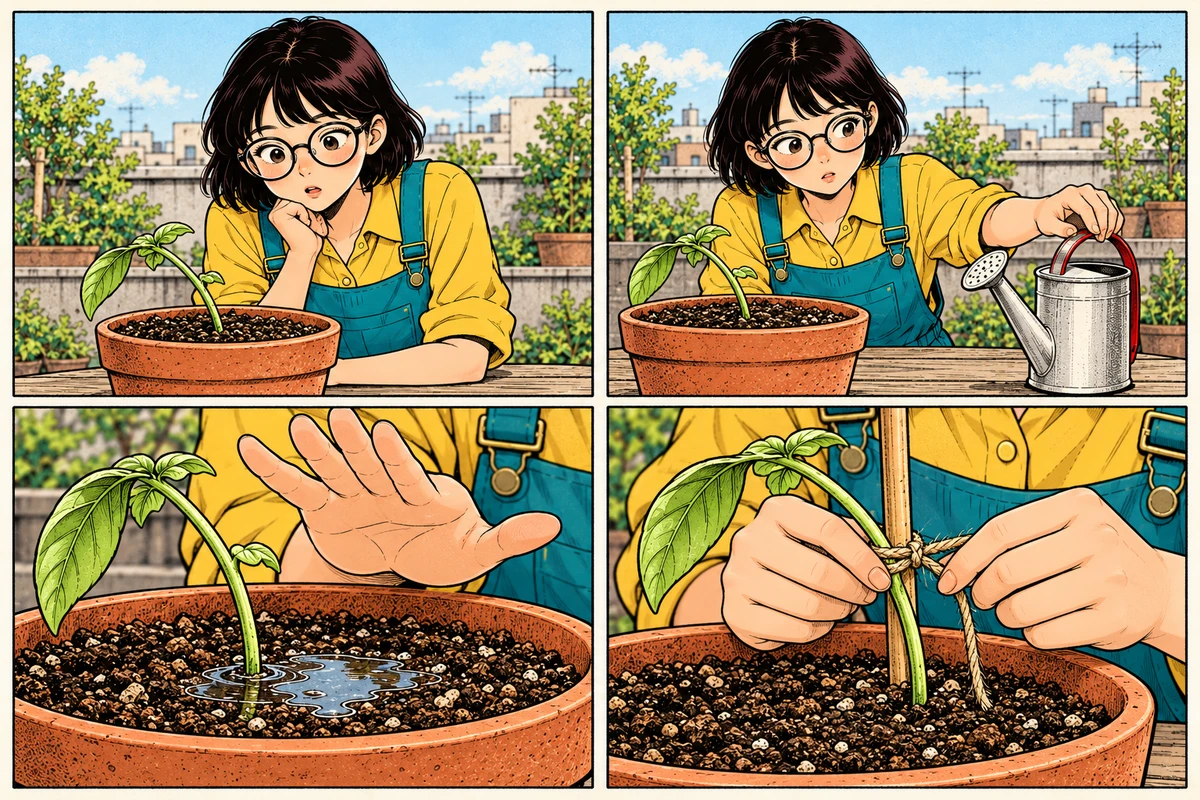 Four thumbnail panels for four story beats: noticing the leaning seedling, reaching for the can, pausing, and adding a support.