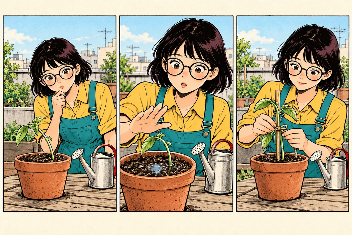 Three comic panels showing a visible change: wanting to help a seedling, meeting the obstacle of wet soil, and choosing a support.