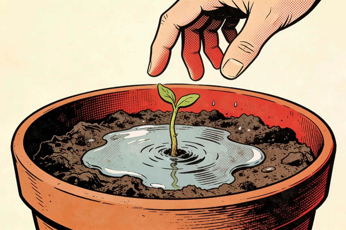 A close-up comic panel of a puddle around the seedling stem and a hesitating hand, the clue that changes the character's plan.